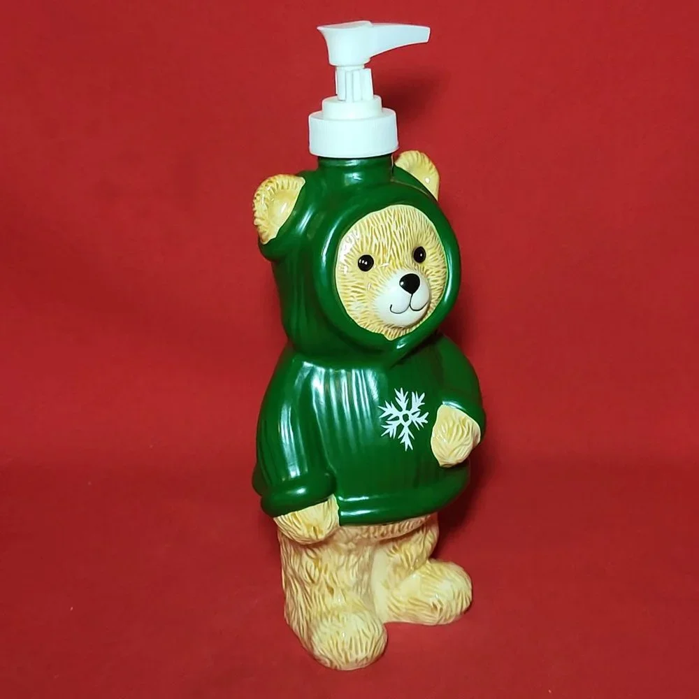 Ceramic Soap Dispenser Bear Wearing Snowflake Green Hoodie 9